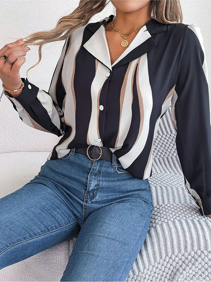 Women’s Button-Down Blouse - Abstract Stripe Pattern - Notched Lapel Collar - Long Sleeve