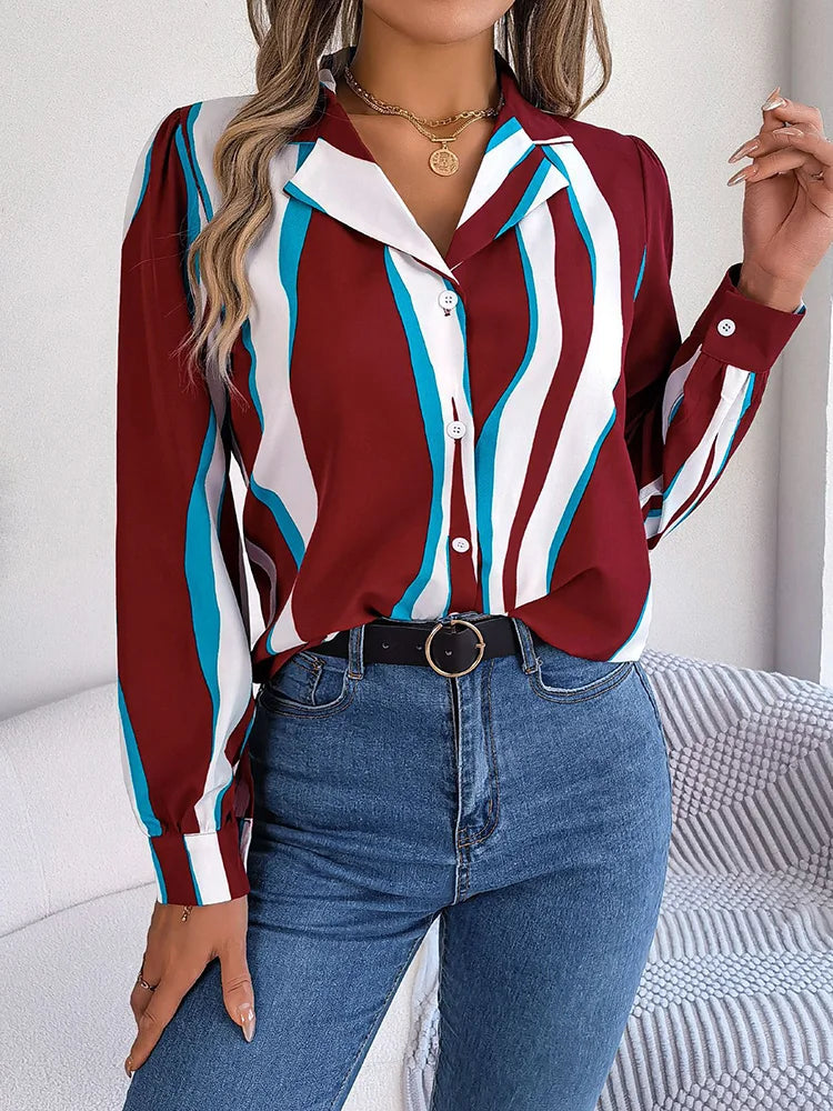 Women’s Button-Down Blouse - Abstract Stripe Pattern - Notched Lapel Collar - Long Sleeve