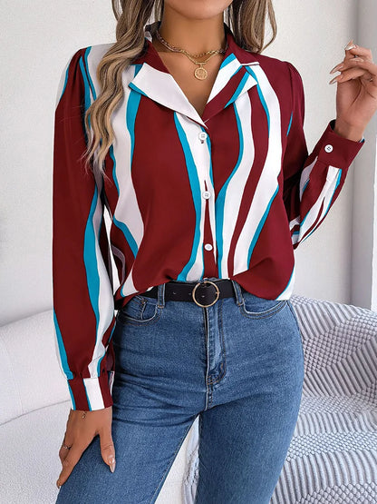 Women’s Button-Down Blouse - Abstract Stripe Pattern - Notched Lapel Collar - Long Sleeve