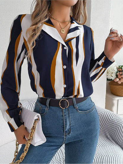 Women’s Button-Down Blouse - Abstract Stripe Pattern - Notched Lapel Collar - Long Sleeve
