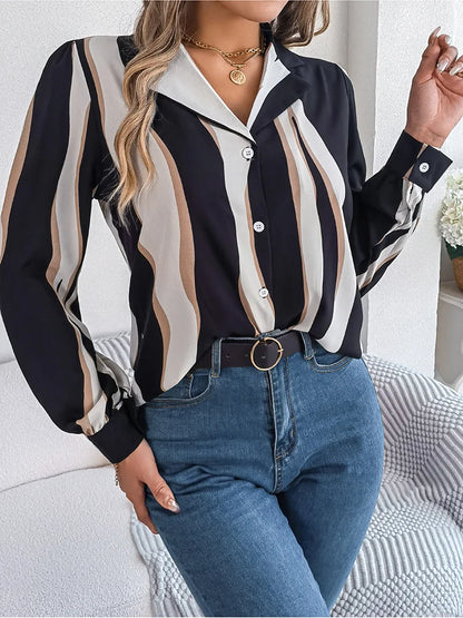 Women’s Button-Down Blouse - Abstract Stripe Pattern - Notched Lapel Collar - Long Sleeve