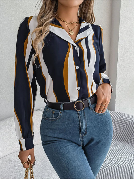 Abstract Stripe Pattern Button-Down Blouse