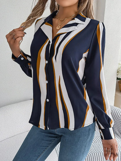 Women’s Button-Down Blouse - Abstract Stripe Pattern - Notched Lapel Collar - Long Sleeve