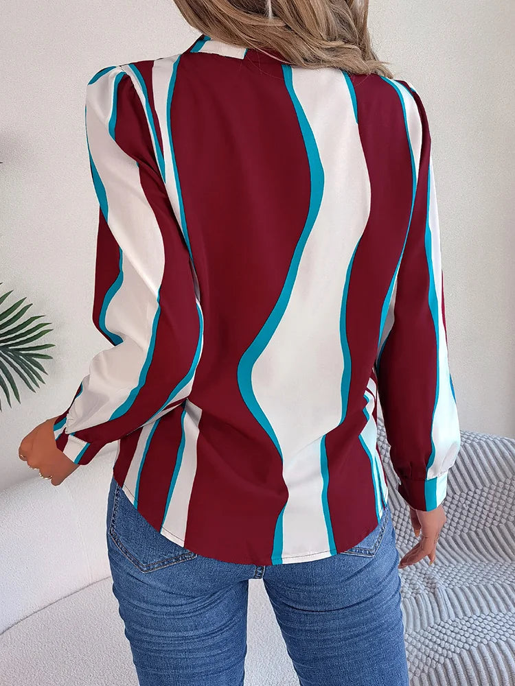 Women’s Button-Down Blouse - Abstract Stripe Pattern - Notched Lapel Collar - Long Sleeve