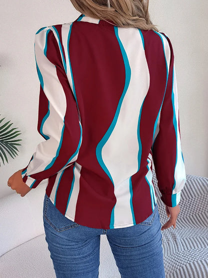 Women’s Button-Down Blouse - Abstract Stripe Pattern - Notched Lapel Collar - Long Sleeve