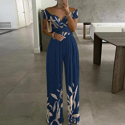 Women’s Jumpsuit – Off-Shoulder Wrap Bust – Wide-Leg Fit – Floral Print – Breathable Blend