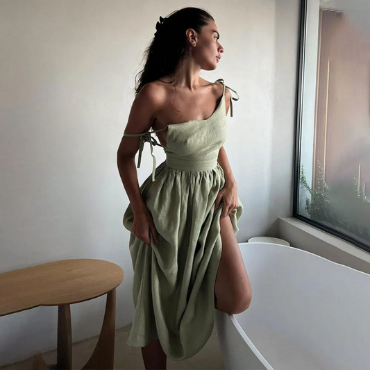 Off-Shoulder Flowy Asymmetrical Design Dress