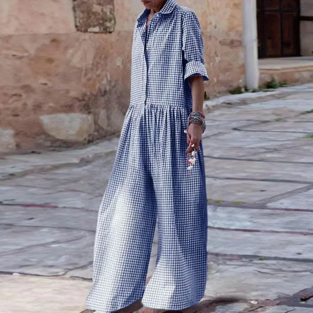 Relaxed Fit Button-Down Cotton Blend Jumpsuit 