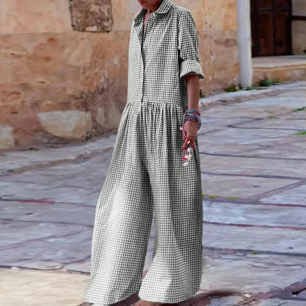 Women’s Jumpsuit – Relaxed Fit – Wide Leg – Mid Sleeve – Button-Down Cotton Blend