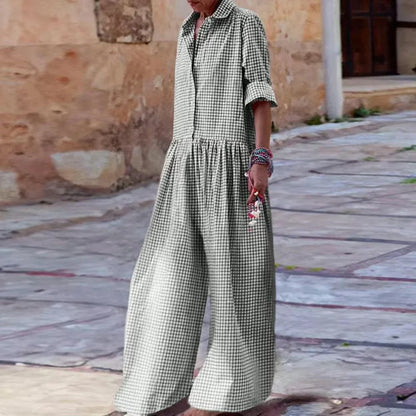 Women’s Jumpsuit – Relaxed Fit – Wide Leg – Mid Sleeve – Button-Down Cotton Blend