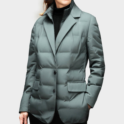Women’s Puffer Jacket – Tailored Fit – Quilted Insulation – Notched Lapel – Hip Length