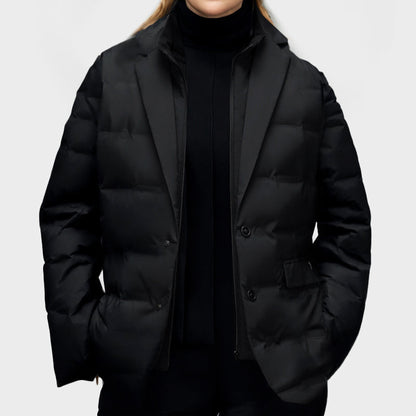 Women’s Puffer Jacket – Tailored Fit – Quilted Insulation – Notched Lapel – Hip Length