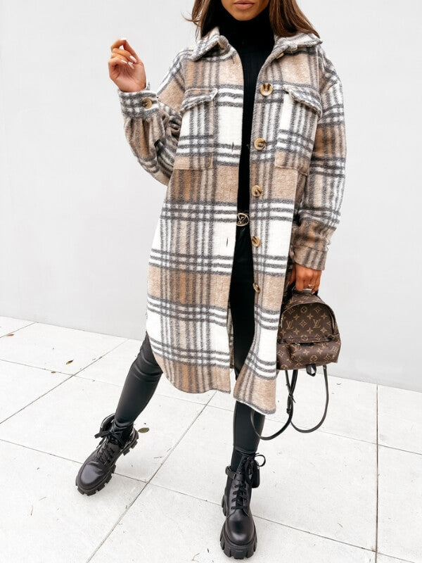 Plaid Long-Sleeved Woolen Coat