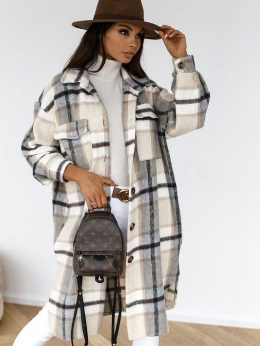 Plaid Long-Sleeved Woolen Coat