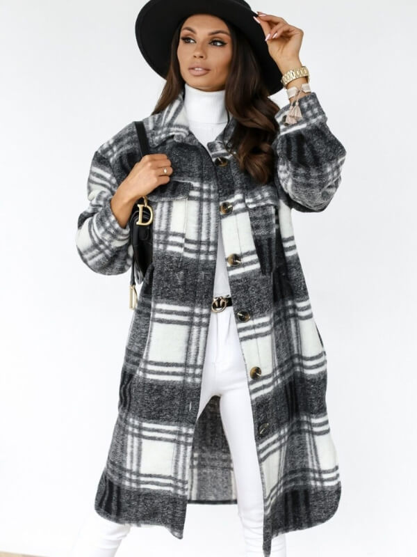 Plaid Long-Sleeved Woolen Coat