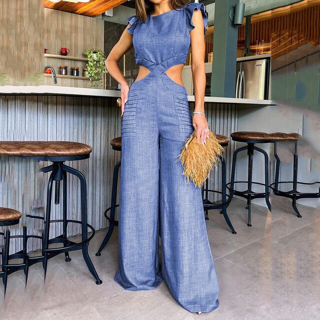 Women's summer waist-revealing loose wide-leg jumpsuit