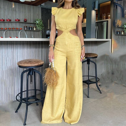 Women's summer waist-revealing loose wide-leg jumpsuit