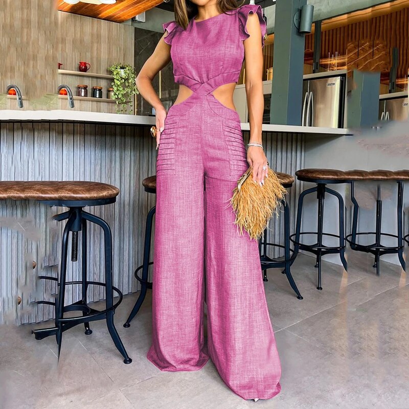 Women's summer waist-revealing loose wide-leg jumpsuit