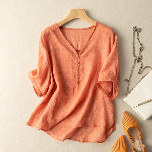 Loose Fit V-Neck 3/4 Sleeve Blouse