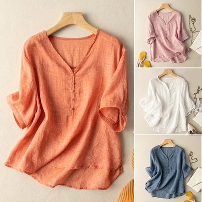Women's Blouse - V-Neck Loose Fit - 3/4 Sleeve Button Front Casual Wear
