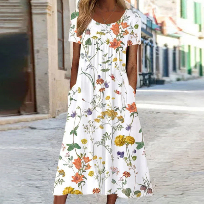 Women's Midi Dress - A-Line Floral Print - Short Sleeve - Round Neck Casual Wear
