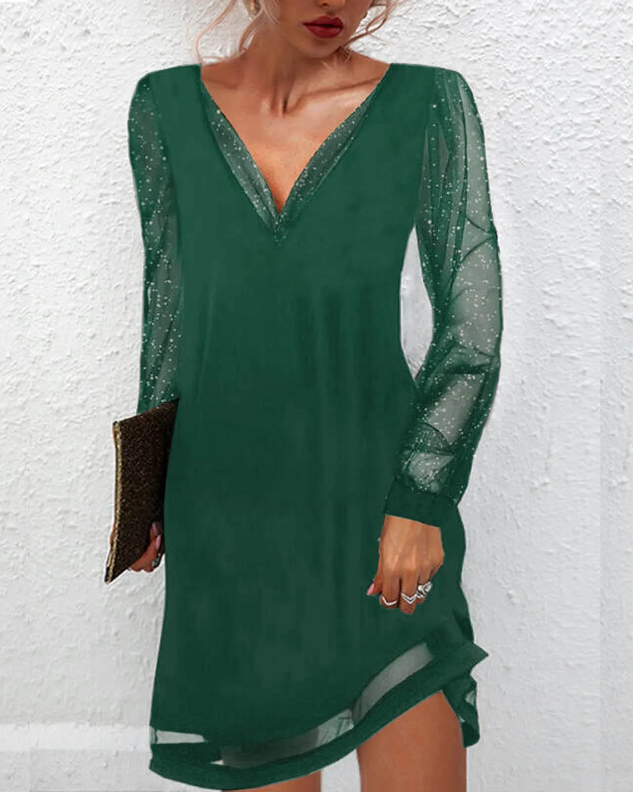 Women's Formal Dress - Long Sleeve Sheer Glitter - Deep V-Neck Asymmetrical Hem