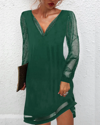 Women's Formal Dress - Long Sleeve Sheer Glitter - Deep V-Neck Asymmetrical Hem