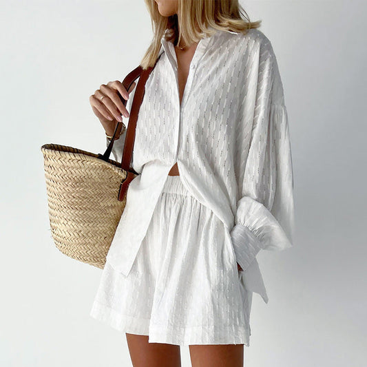 Jacquard Drop Shoulder Button Down Sleeve Set