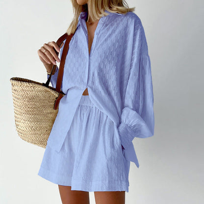 Veerna - jacquard drop shoulder sleeves button down long sleeve and short set