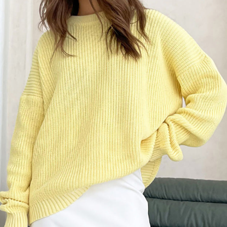 Women's loose round neck solid color knitted sweater