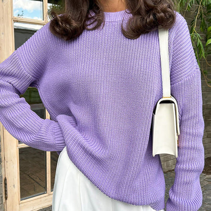 Women's loose round neck solid color knitted sweater