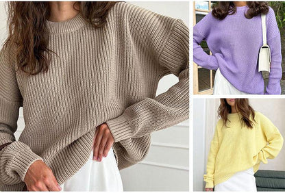 Women's loose round neck solid color knitted sweater
