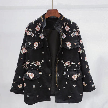 Women's spring autumn embroidered flowers drawstring windbreaker