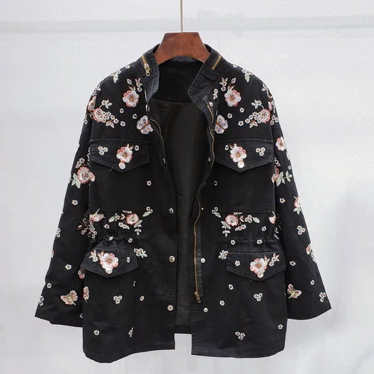 Embroidered Drawstring Windbreaker with Spring Flowers