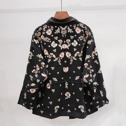 Women's spring autumn embroidered flowers drawstring windbreaker