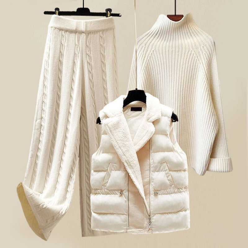 Women’s Knit Lounge Set – Puffer Vest – High Neck Sweater – Cable Knit Pants