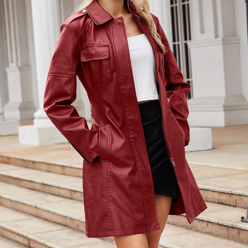 Women's stylish mid-length leather coat with belt