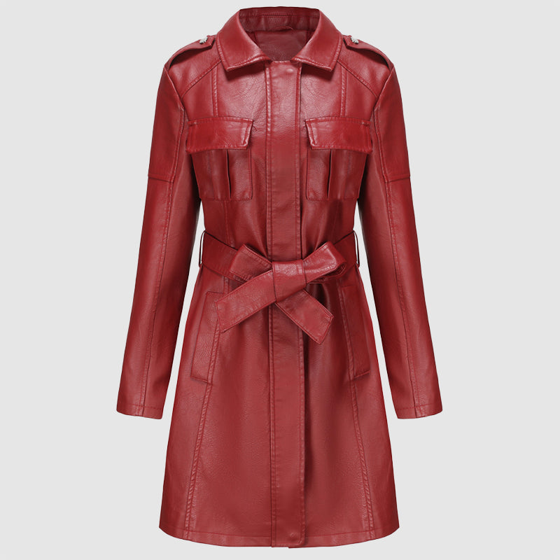 Women's stylish mid-length leather coat with belt