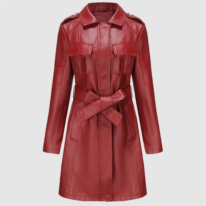 Women's stylish mid-length leather coat with belt