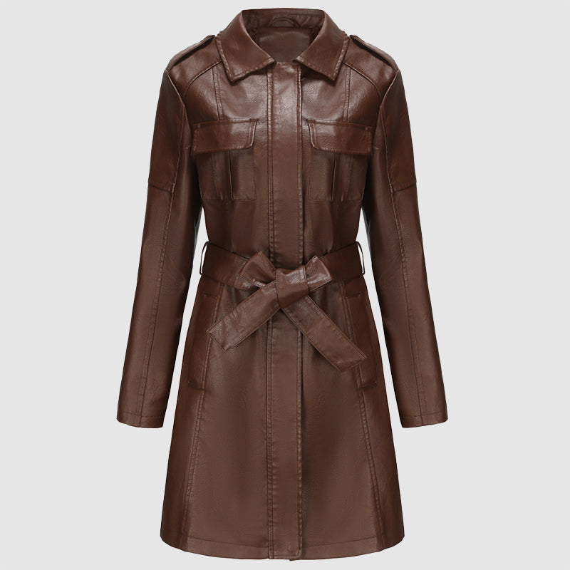 Women's stylish mid-length leather coat with belt