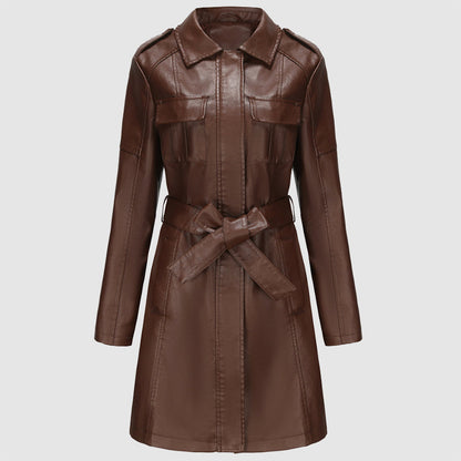 Women's stylish mid-length leather coat with belt