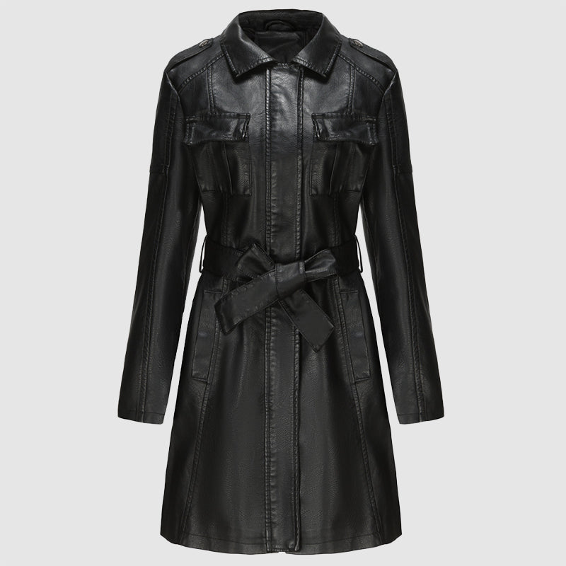 Women's stylish mid-length leather coat with belt