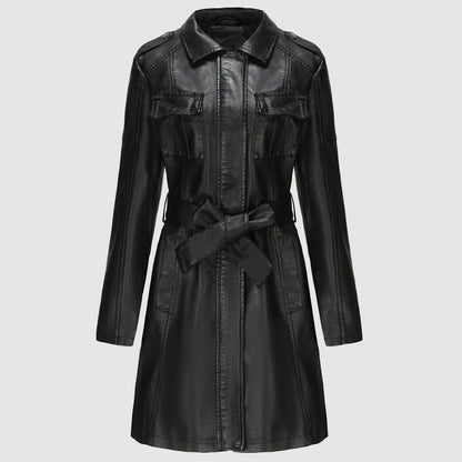 Women's stylish mid-length leather coat with belt