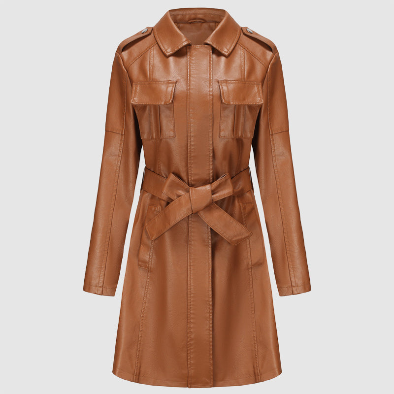 Women's stylish mid-length leather coat with belt