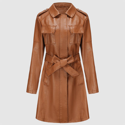 Women's stylish mid-length leather coat with belt