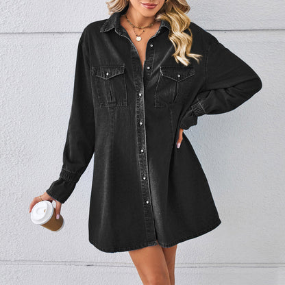 Women’s Denim Shirt Dress – Long Sleeve – Relaxed Fit – Button Down – Shirt Collar