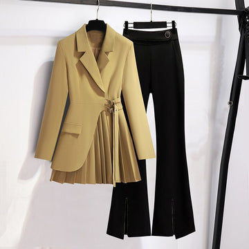 Women's autumn pleated suit jacket and flare pants set