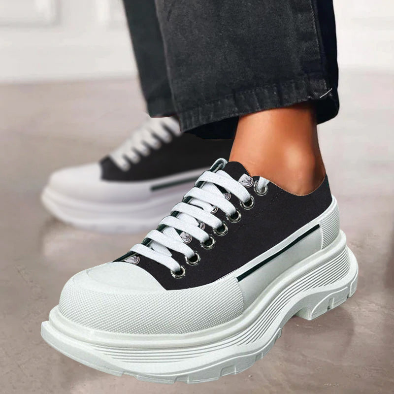 Women's Platform Canvas Sneakers - Low-Top Lace-Up - Chunky Rubber Sole - Casual Wear