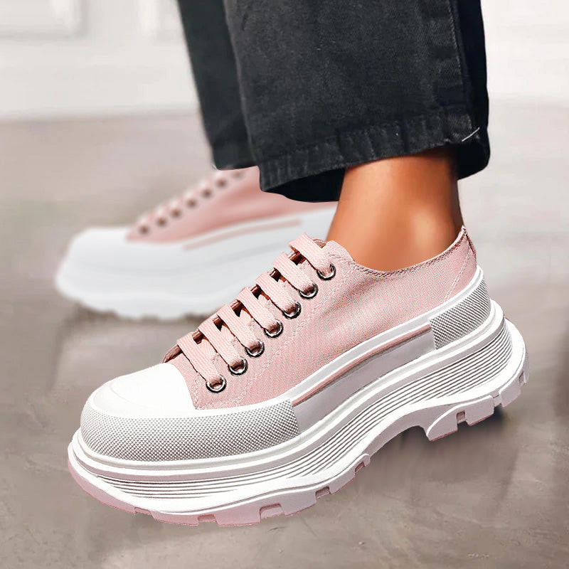 Women's Platform Canvas Sneakers - Low-Top Lace-Up - Chunky Rubber Sole - Casual Wear