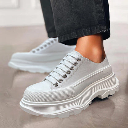 Women's Platform Canvas Sneakers - Low-Top Lace-Up - Chunky Rubber Sole - Casual Wear